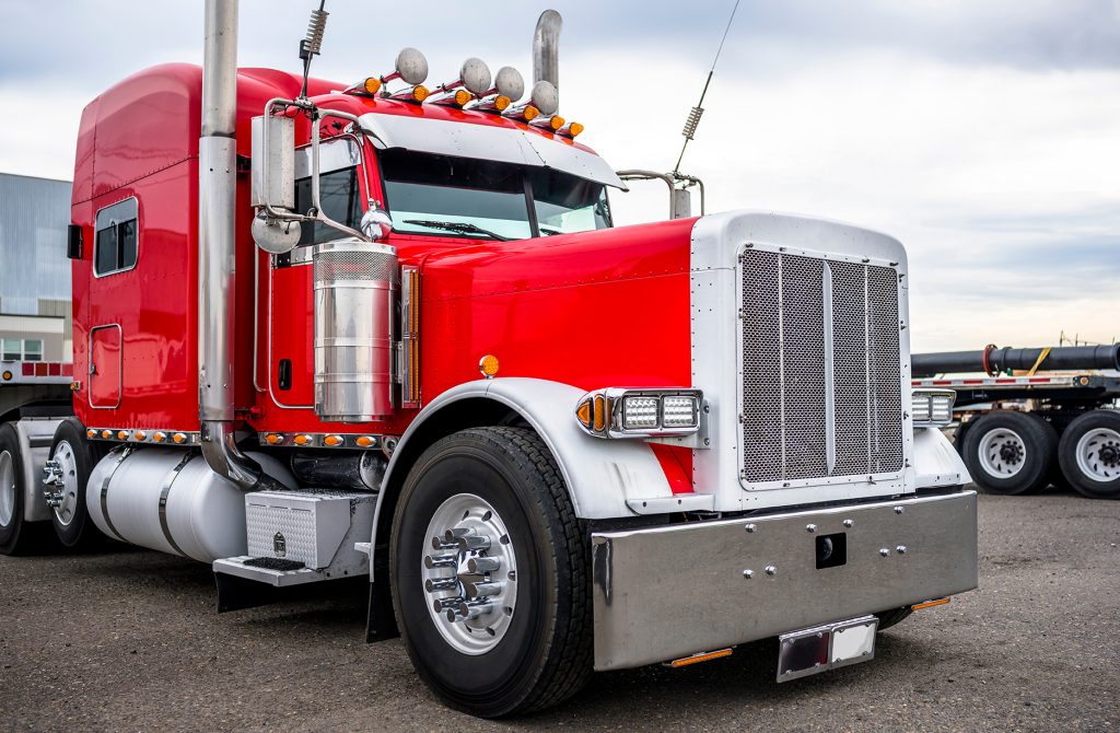 Red Semi truck front close up