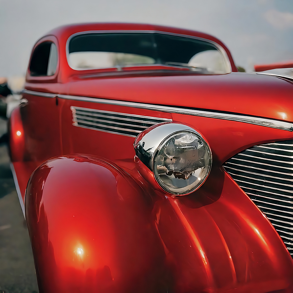 Red Hot rod headlight close up